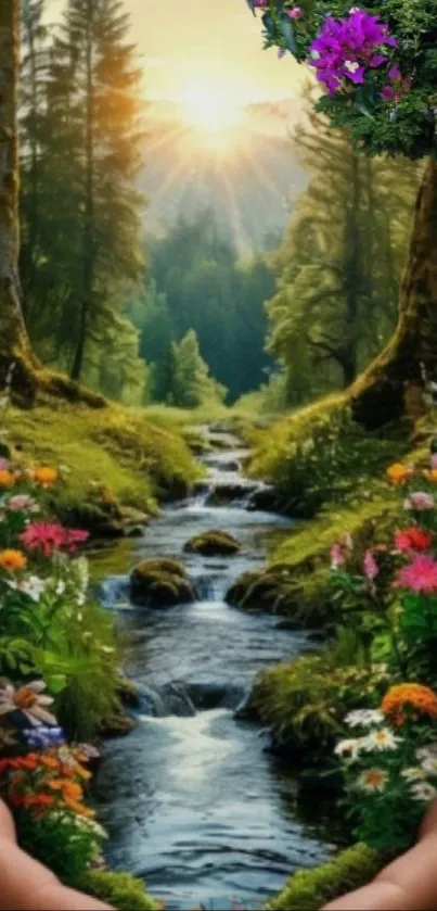 Sunlit forest stream with vibrant flowers and trees.