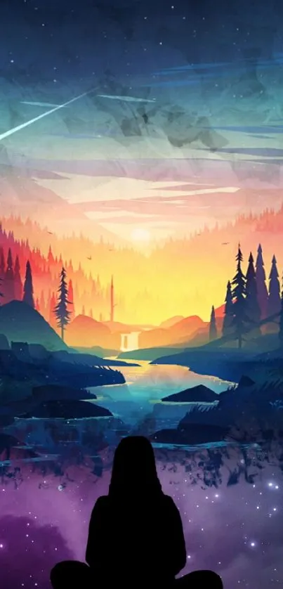 A serene sunset over a tranquil forest landscape, ideal for mobile wallpaper.