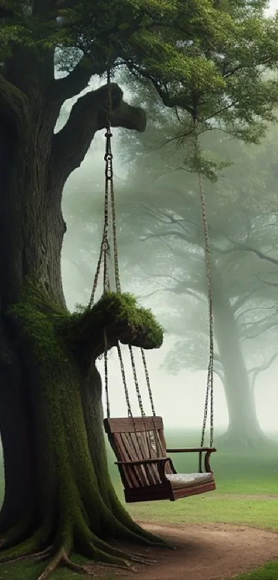 Serene forest scene with a swing hanging from a lush, moss-covered tree.