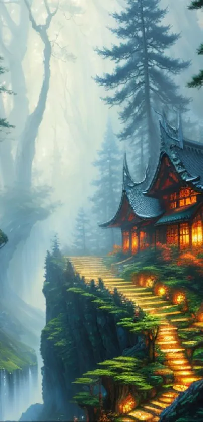 Serene temple in a misty forest with lit pathways.