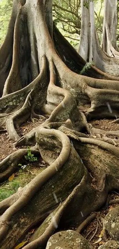 Intricate tree roots in a lush forest setting, offering a serene wallpaper.