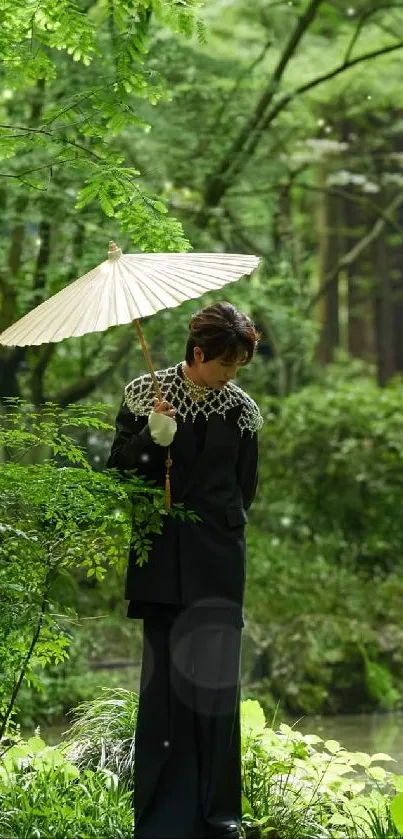 Person with umbrella in green forest, serene atmosphere.