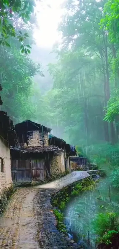 Serene path through a misty forest village with rustic houses.