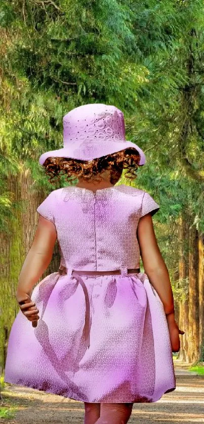 Child in pink dress and hat walking on a forest path.