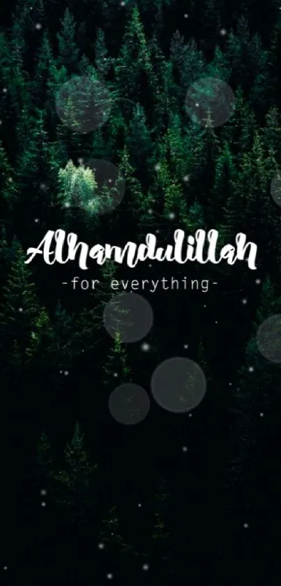 Serene forest with white calligraphy saying Alhamdulillah.