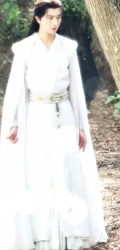 Majestic figure in a white robe standing in a tranquil forest.