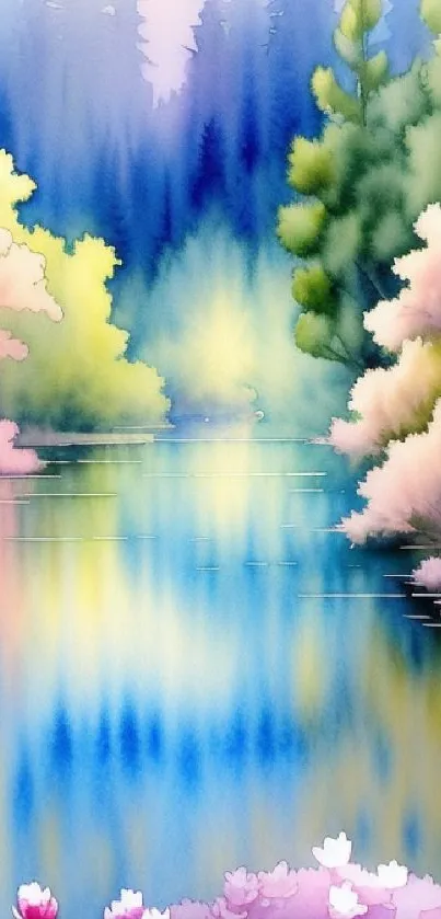 Serene watercolor forest with a reflective lake and vibrant colors.