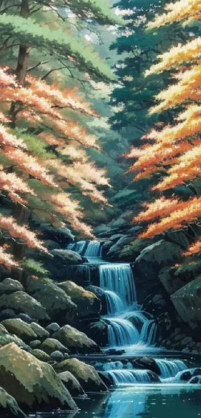 Serene forest with waterfall and autumn leaves, artistic wallpaper.