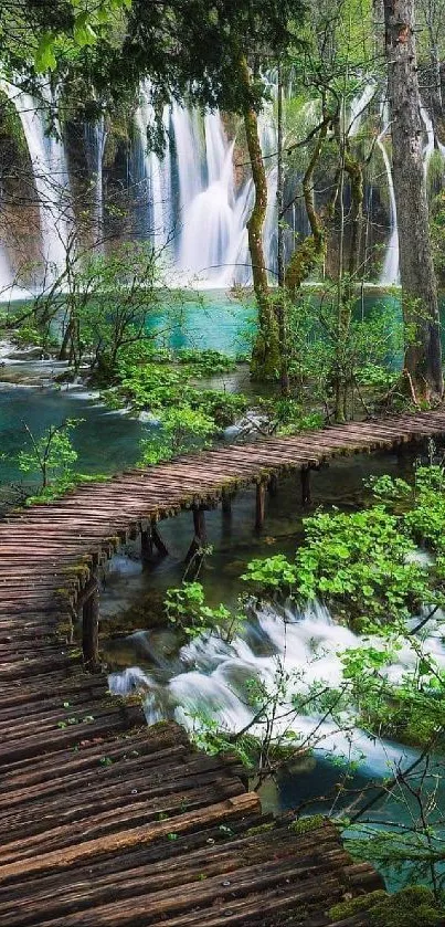 Serene forest pathway alongside cascading waterfall.