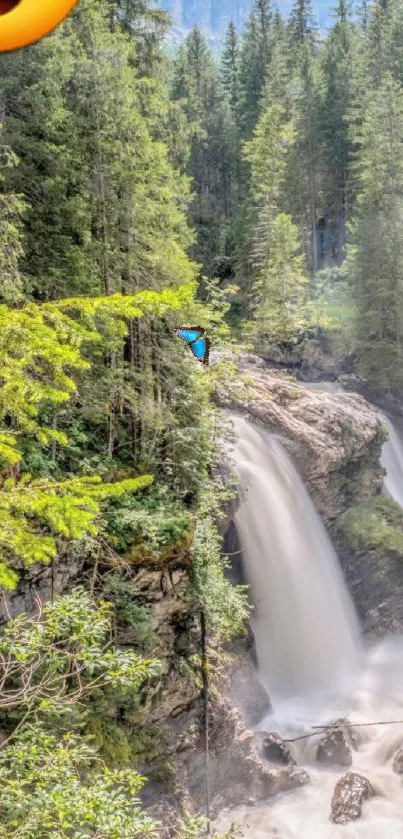 Waterfall in a lush green forest with vibrant foliage.