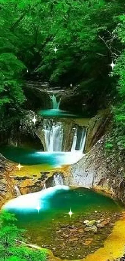 Lush forest waterfall cascade in vivid green surroundings.