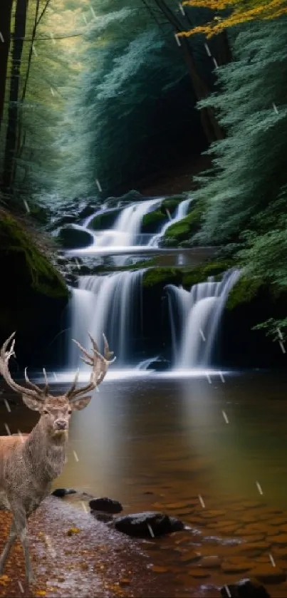 Majestic deer by a serene forest waterfall in lush greenery.