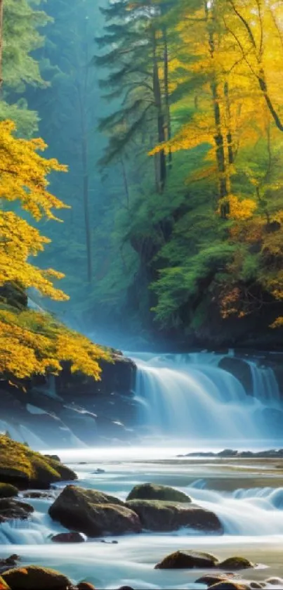 Serene forest waterfall with autumn leaves and lush greenery.