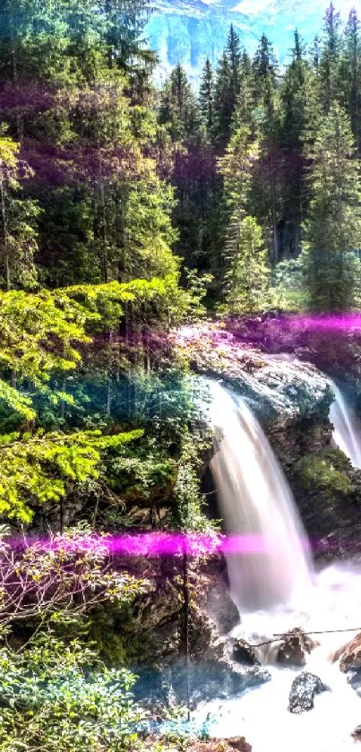 Mobile wallpaper of a waterfall surrounded by lush green forest.