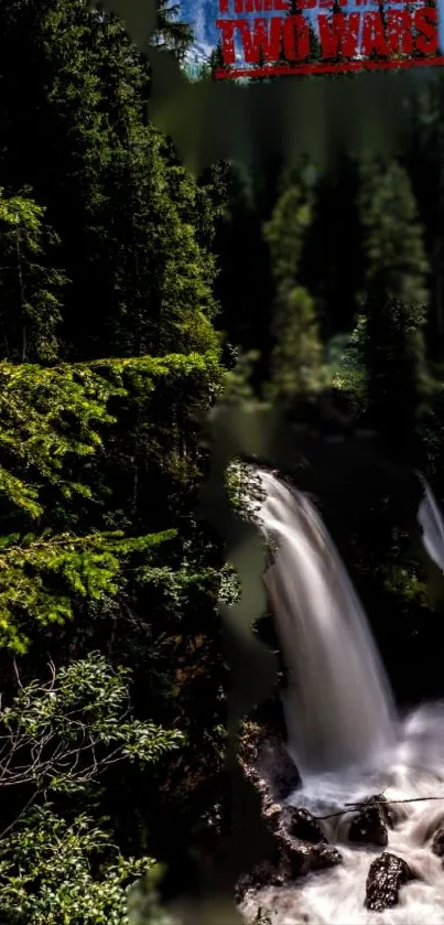 Serene forest waterfall scene with lush greenery.