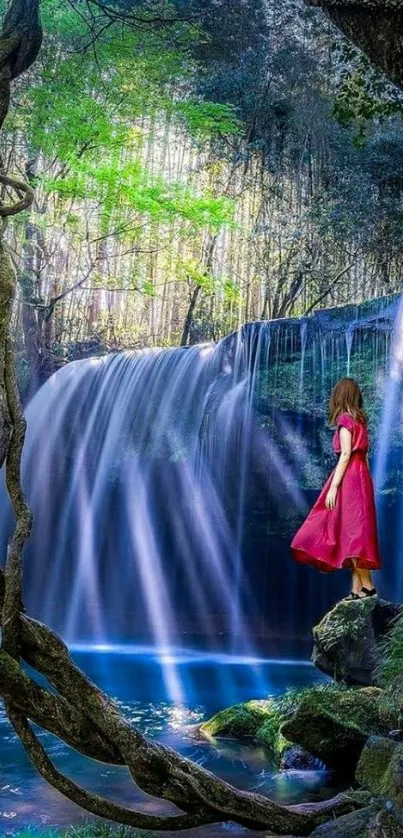 Woman in pink dress by a serene waterfall in a lush green forest landscape.