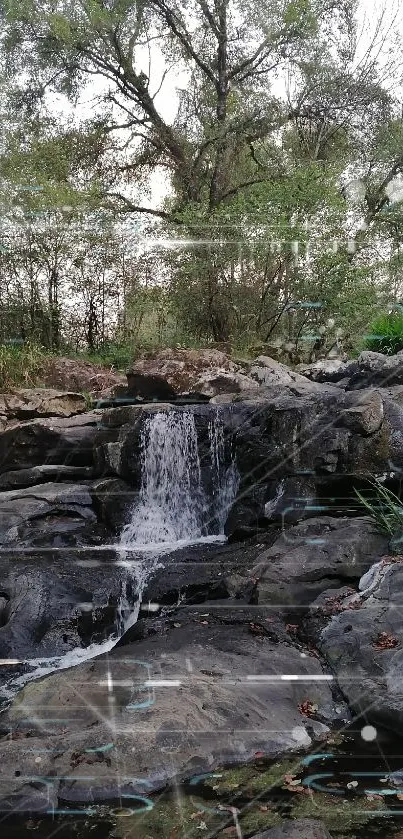 Tranquil forest waterfall with rocks and greenery.