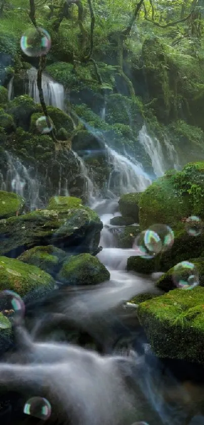 Lush forest stream with waterfall and bubbles in vibrant green foliage.