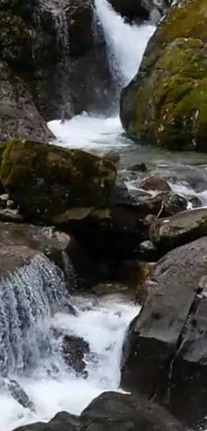 A calming waterfall in a forest with moss-covered rocks and flowing water.