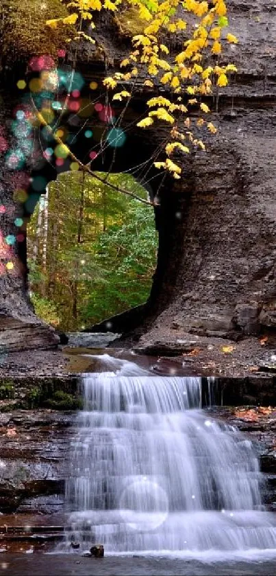 Forest waterfall with rocky formations and autumn leaves.