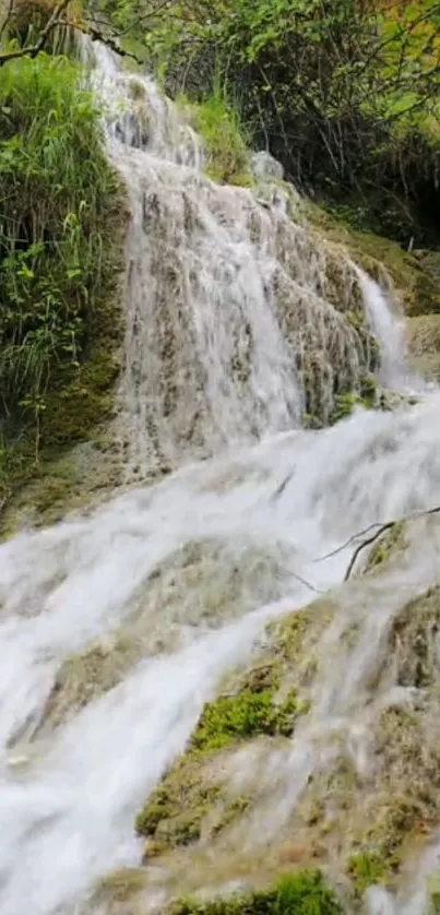 Serene forest waterfall cascading over lush green moss.