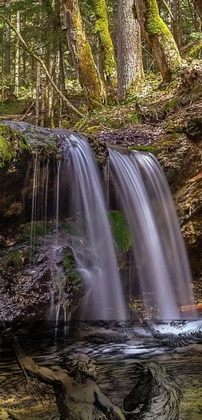 Serene forest waterfall with lush trees and moss-covered rocks.