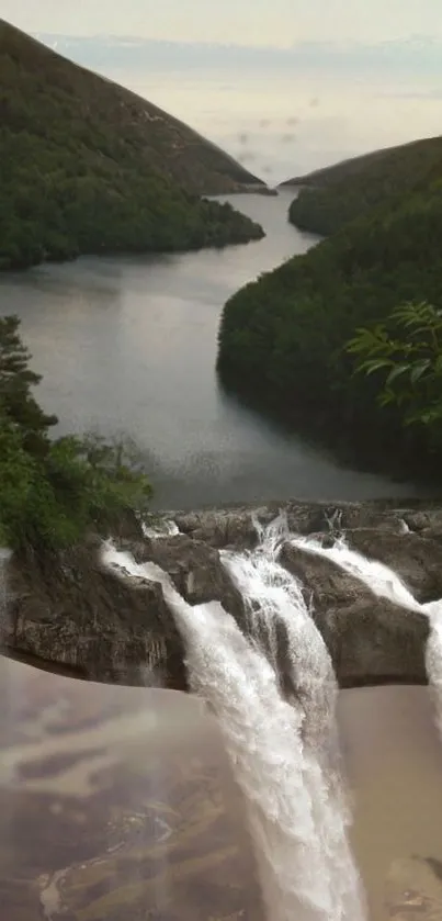 Serene waterfall amidst lush green forest and mountains.