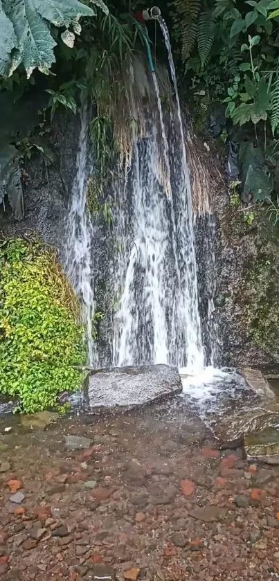 Serene waterfall cascading in lush forest scenery with green surroundings.