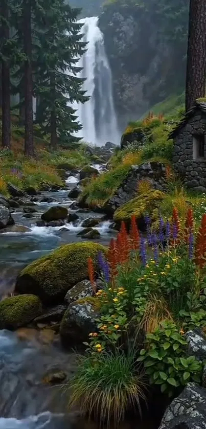 Serene forest scene with waterfall and flowers.