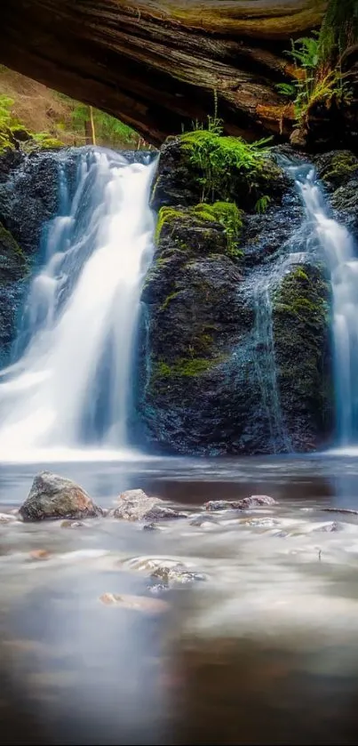 Serene waterfall in a lush forest setting, perfect for mobile wallpaper.