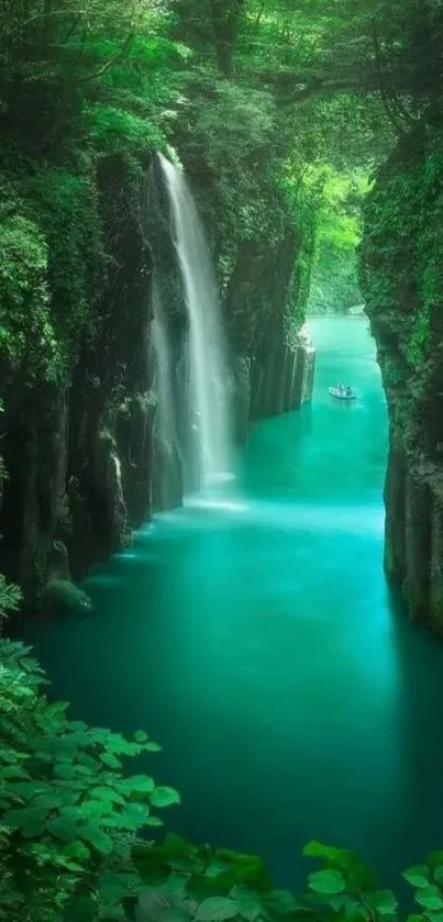 Peaceful forest waterfall wallpaper with lush greenery.