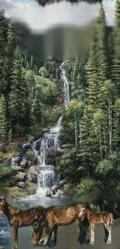 Forest waterfall with wild horses grazing peacefully.