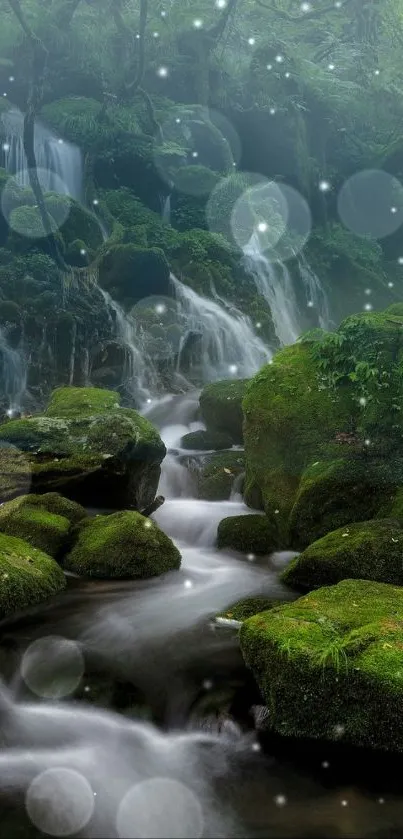 Serene forest waterfall with lush green scenery.