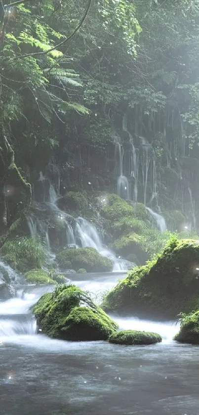 Serene wallpaper featuring a lush forest waterfall and gentle stream.