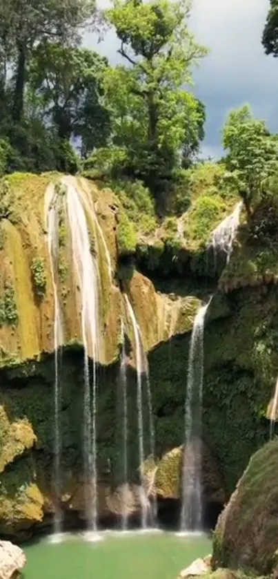 Serene waterfall cascading in lush green forest.