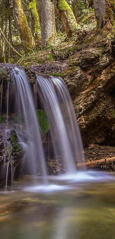 Serene forest waterfall mobile wallpaper with lush greenery.