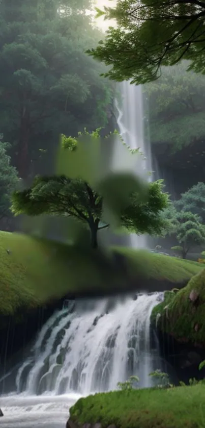 Serene forest waterfall with lush greenery and cascading streams.