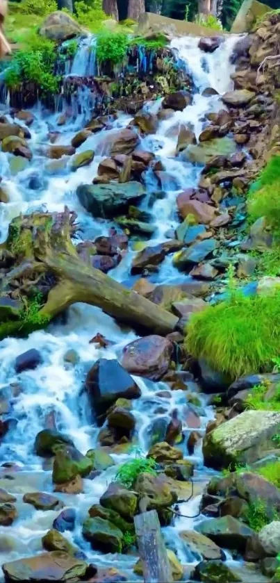 Serene waterfall surrounded by green forest landscape.