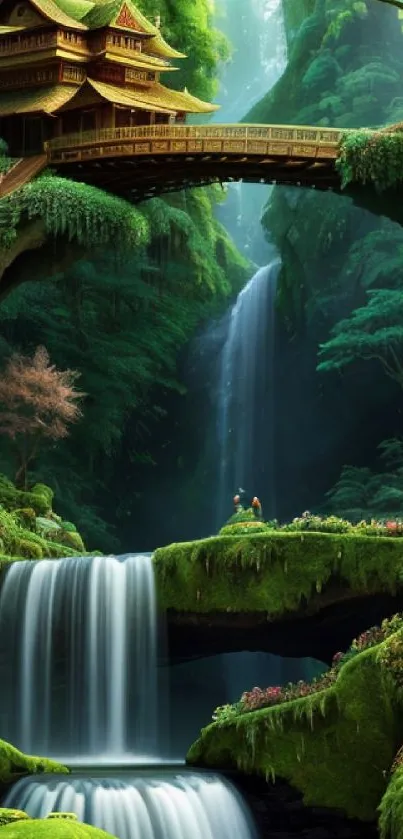 Serene forest waterfall with wooden bridge and lush greenery.