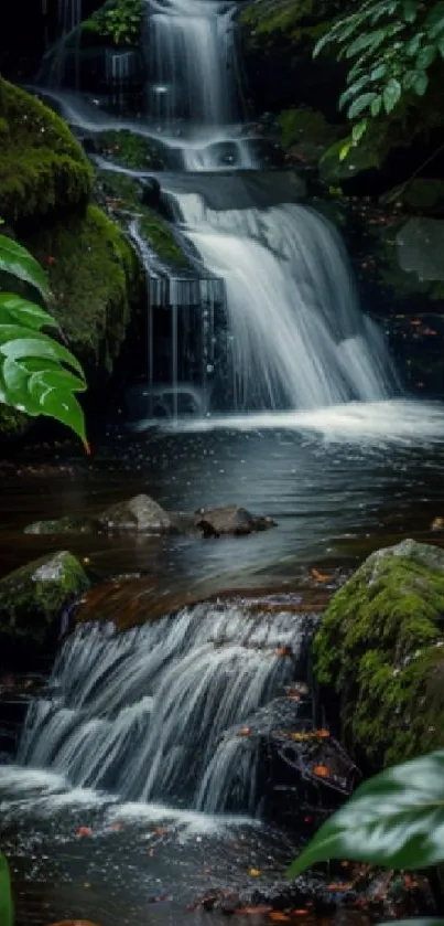 Tranquil forest waterfall surrounded by lush greenery.