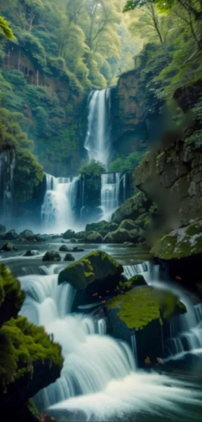 Mobile wallpaper of a lush forest waterfall cascading over rocks.