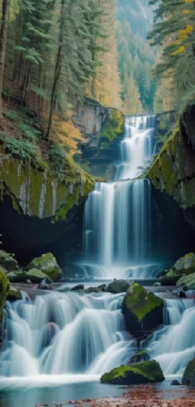 Peaceful waterfall in a lush forest setting.
