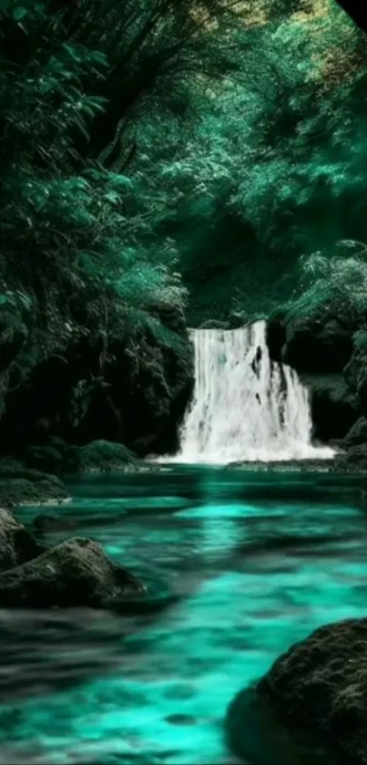 Serene waterfall in lush forest setting with teal waters.
