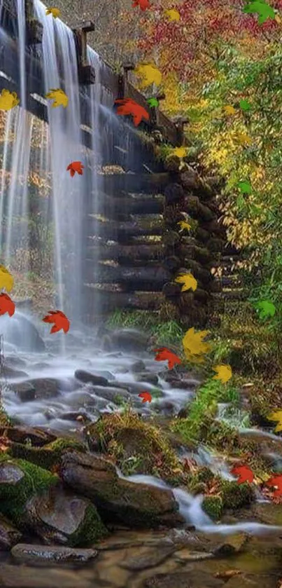 Serene waterfall cascading in autumn forest landscape.