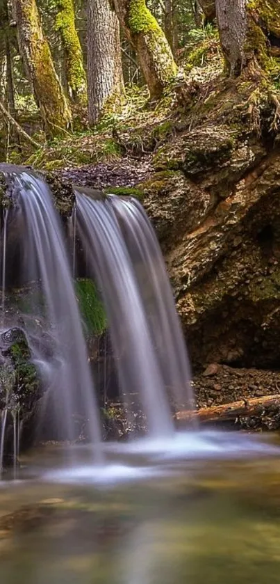 Tranquil forest waterfall with lush greenery.