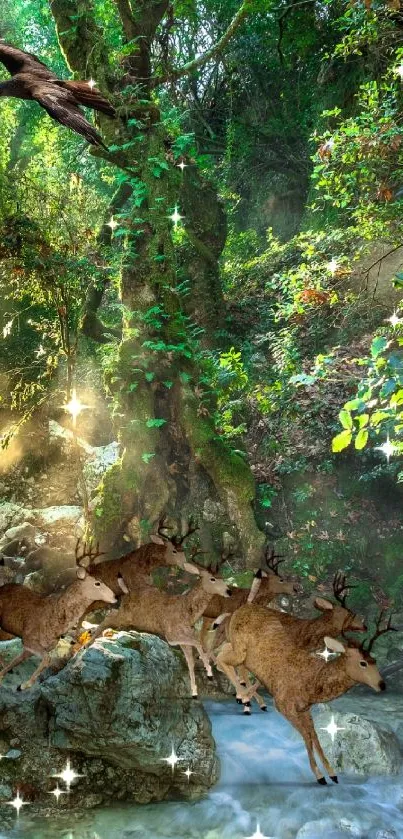 Serene forest waterfall with deer in sunlight.