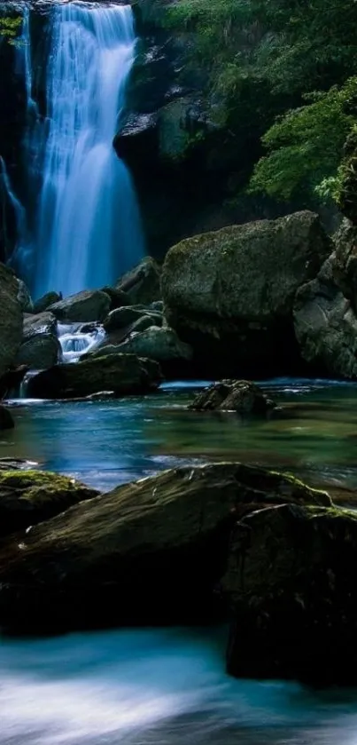 A serene waterfall in a lush forest setting, with cascading water and greenery.