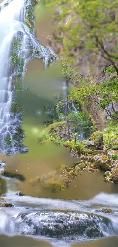 Serene waterfall flowing through lush green forest landscape with rocks.