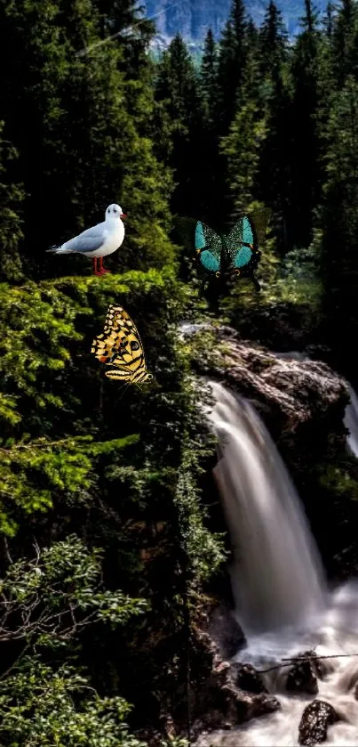 Serene forest with waterfall, bird, and butterflies.