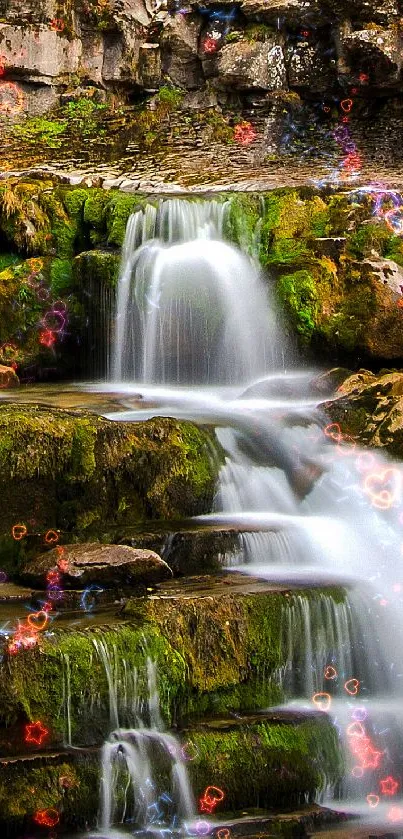 Tranquil waterfall cascading through lush forest setting.